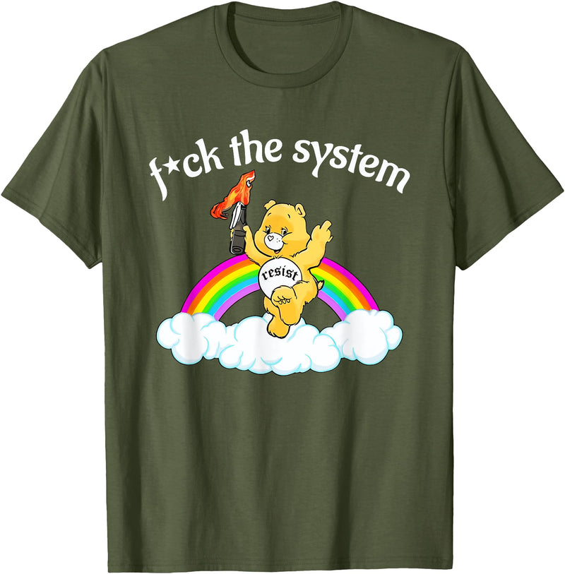 Fck The System Funny Bear Quote Fck The System Funny Bear Design T-Shirt - Olive Green