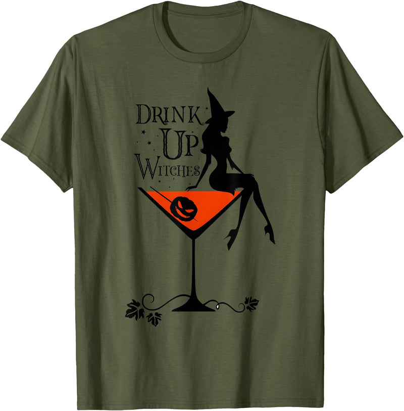 Drink Up Witch Squad Halloween Drink Up Witches Witch Squad Wine Glass Halloween T-Shirt - Olive Green