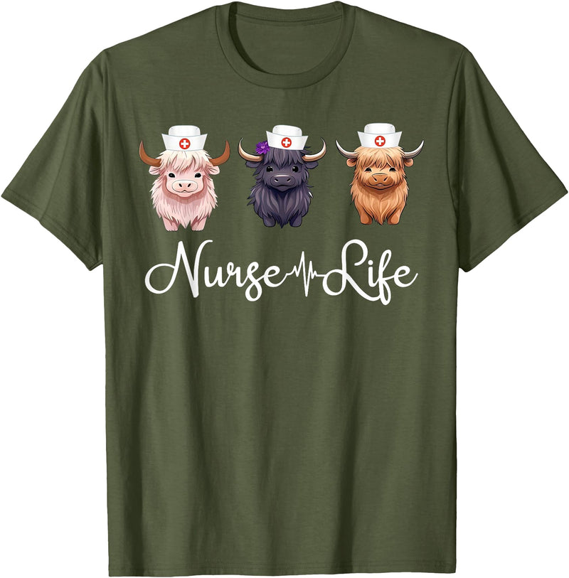 Highland Cow Nurse Life Costume Cute Highland Cow Nurse Life Farm Animal Lover Nursing T-Shirt - Olive Green