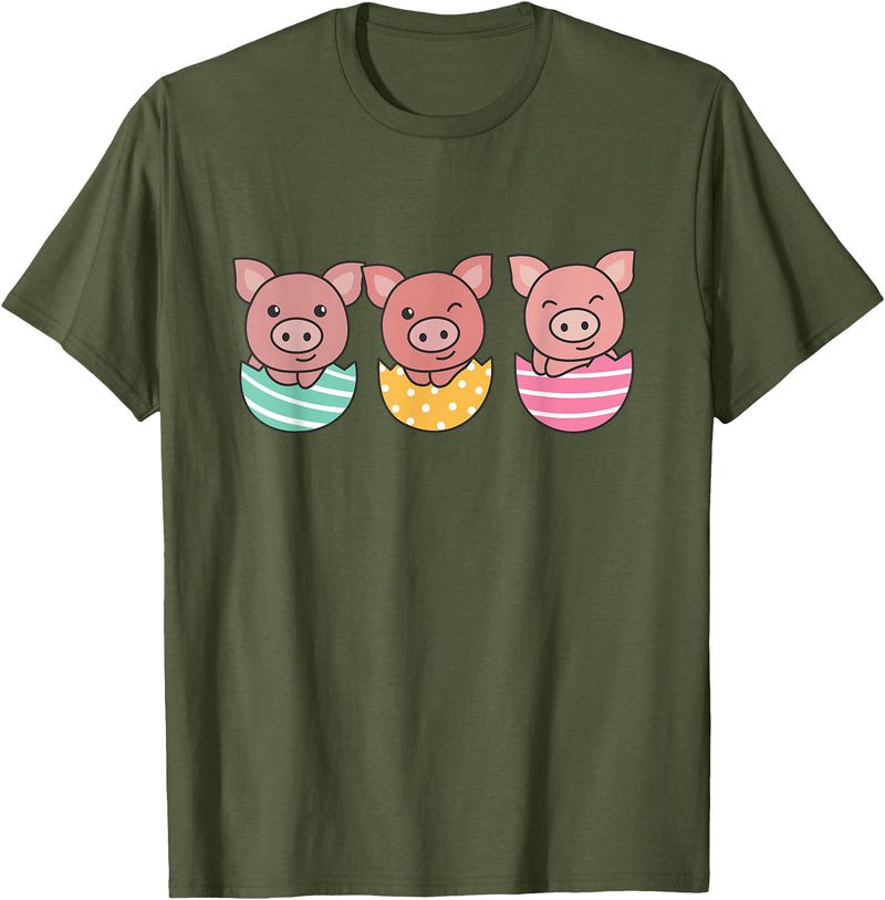 Cute Animals For Easter For Kids Happy Easter Cute Pig At Easter With Easter Eggs T-Shirt - Olive Green