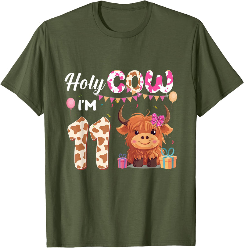 Highland Cow Birthday Gift For Girl Boy Holy Cow I'm 11 Year Old Birthday Highland Cow 11th Bday Kid T-Shirt - Olive Green