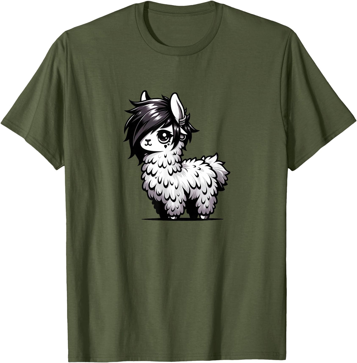 Emo Llama Tees Cute Emo Llama Kawaii Kids Boys Girls T-Shirt - Olive Green