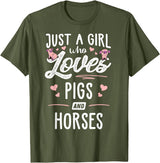 Pigs Memme Just A Girl Who Loves Pigs And Horses Gift Women T-Shirt - Olive Green