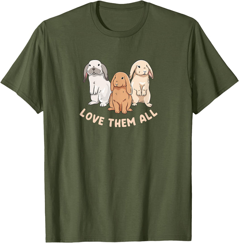 3 Cute Lop Bunnies Love Design for Bunny Owners T-Shirt in Olive Green