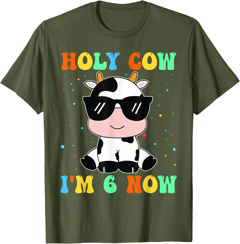 Holy Cow I'm Two 6 6th Birthday Boy Girl Kids Holy Cow I'm Two 6 Years Old 6th Birthday Boy Girl T-Shirt - Olive Green