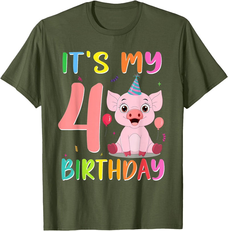 Pig Lover Shirt Farm Birthday Boy Girl Gift It’s My 4th Birthday Pig for Pig Lover 4 Year Old T-Shirt - Olive Green