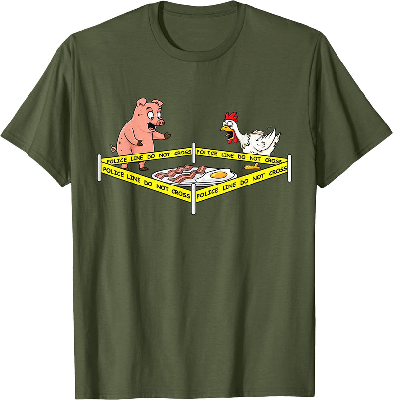 Mr Ben Thanksgiving Police Line Do Not Cross Pig and Chicken Funny Food T-Shirt - Olive Green