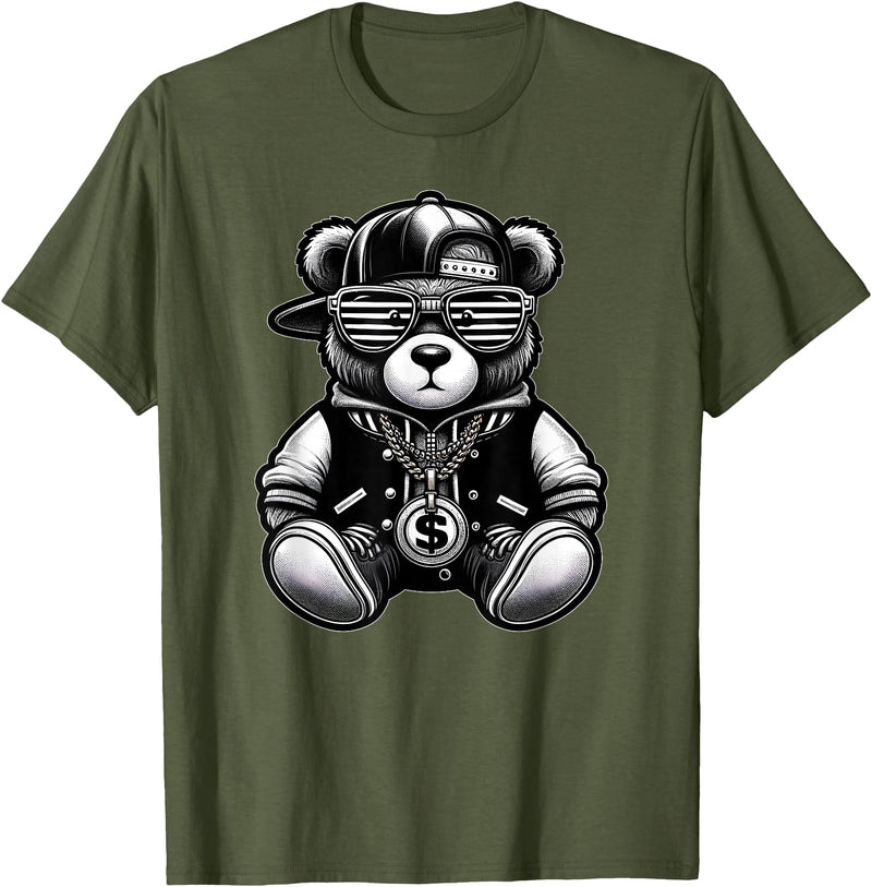 Teddy Bear Hip Hop Lovers Men Women & Kids Funny Hip Hop Teddy Bear 90s Graffiti Art Rap Lover Gangsta T-Shirt - Olive Green