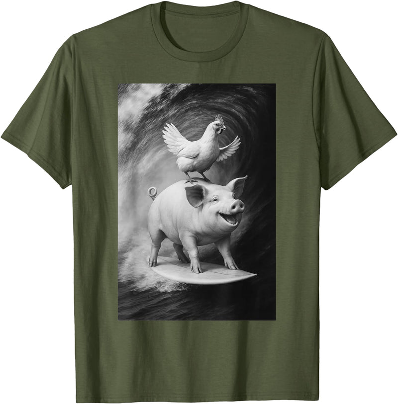 Surf Animal Lovers Funny Pet Summer Waves Vibes. Funny Surfing Pig and Chicken Selfie On Farm Animal T-Shirt - Olive Green