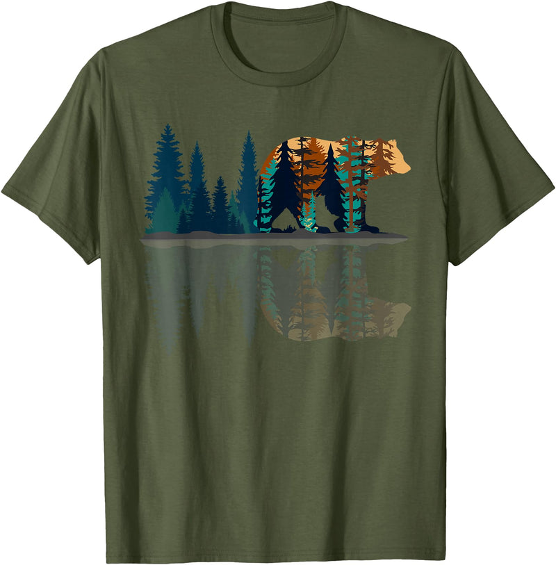 Bear Lover Gift Co. Trees Reflection Wildlife Nature Animal Bear Outdoor Forest T-Shirt - Olive Green