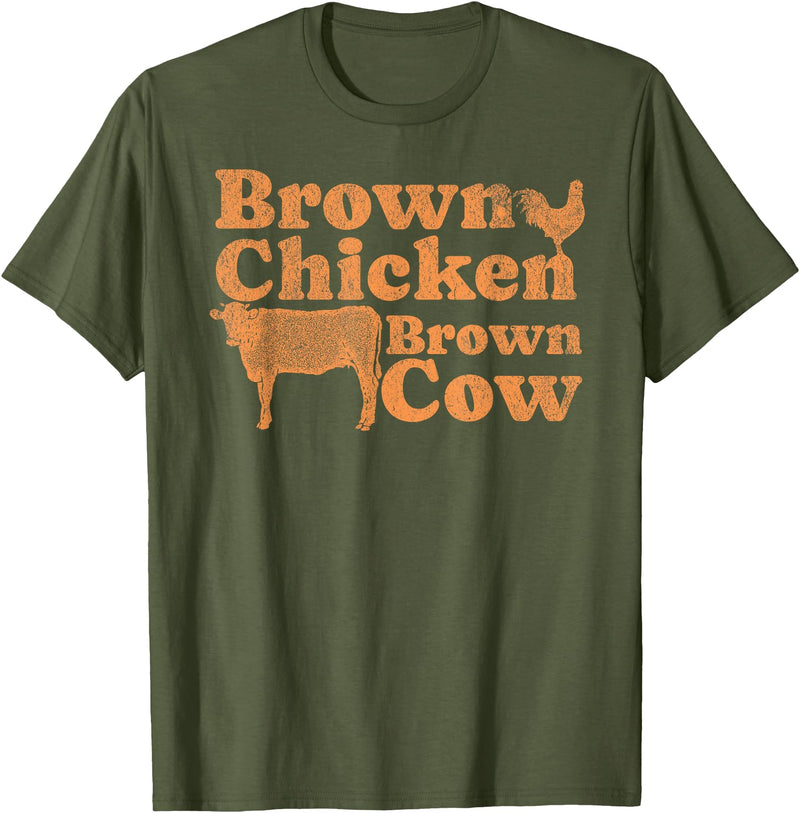 Funny Brown Chicken Brown Cow T-shirt 1970s Music Bow Chicka Wow Wow Joke Brown Chicken Brown Cow T-Shirt - Olive Green
