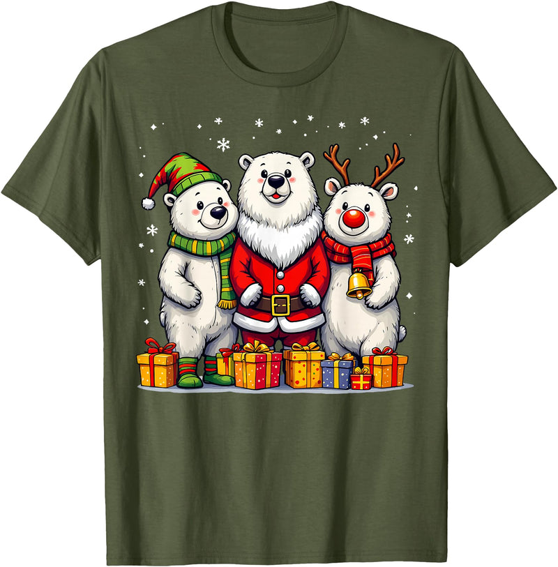 Christmas Polar Bear Santa Elf Reindeer Holiday Cute Christmas Polar Bears in Santa Elf and Reindeer Costume T-Shirt - Olive Green