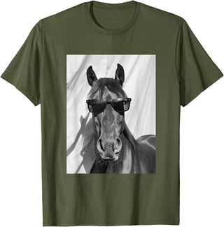 Funny Animal Photography Clothing Co. Cute Horse with Sunglasses Farm Animal Photo Booth T-Shirt - Olive Green