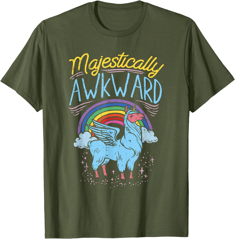 Llama Queen Birthday Party Gift Majestically Awkward Funny Llamacorn Llama Unicorn Rainbow T-Shirt - Olive Green