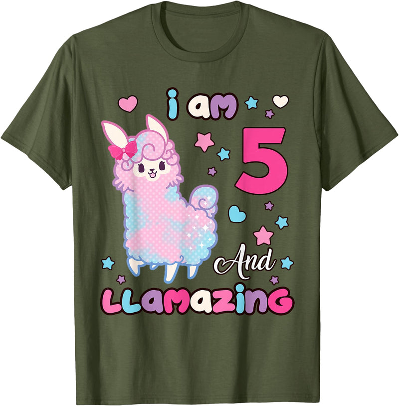 Llamazing Birthday Girl Llama Family BW Art Llama I Am Five and Llamazing 5 Years Old 5th Birthday Girl T-Shirt - Olive Green