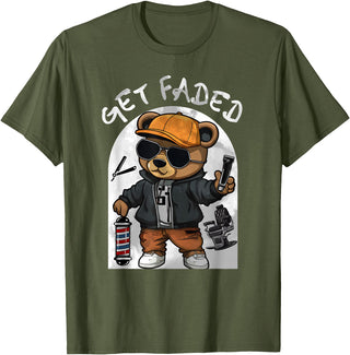 Black Barbershop African American Barber Designs Get Faded Hip Hop Teddy Bear Barber Streetwear Fade Haircut T-Shirt - Olive Green