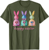 Funny Three Bunnies Rabbit Eggs Happy Easter Trendy Sparkly T-Shirt in Olive Green