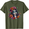 Sugar Skull Dia De Los Muertos Floral Skull Day of The Dead Sugar Skull Woman Floral Crown T-Shirt - Olive Green