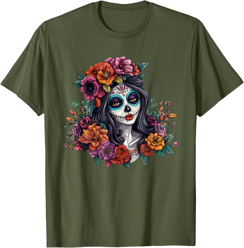 Sugar Skull Dia De Los Muertos Floral Skull Day of The Dead Sugar Skull Woman Floral Crown T-Shirt - Olive Green