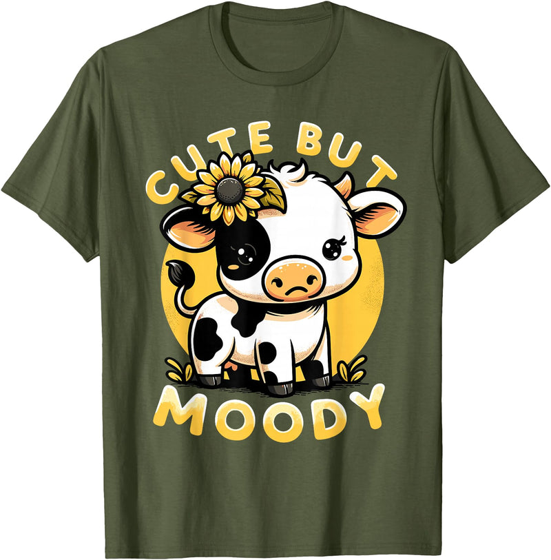 Cowgirl & Cow Lover Calf Gifts for Girls &Women Cute But Moody, Cute Cow, Kids, Farm & Baby Cow Sunflower T-Shirt - Olive
