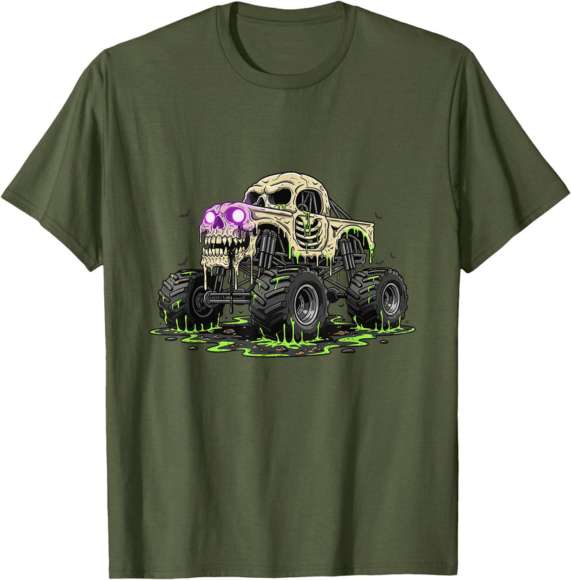 Funny Monster Truck Horror Gift Idea Skeleton Drip Monster Truck Skull Bones Creepy Halloween T-Shirt - Olive Green