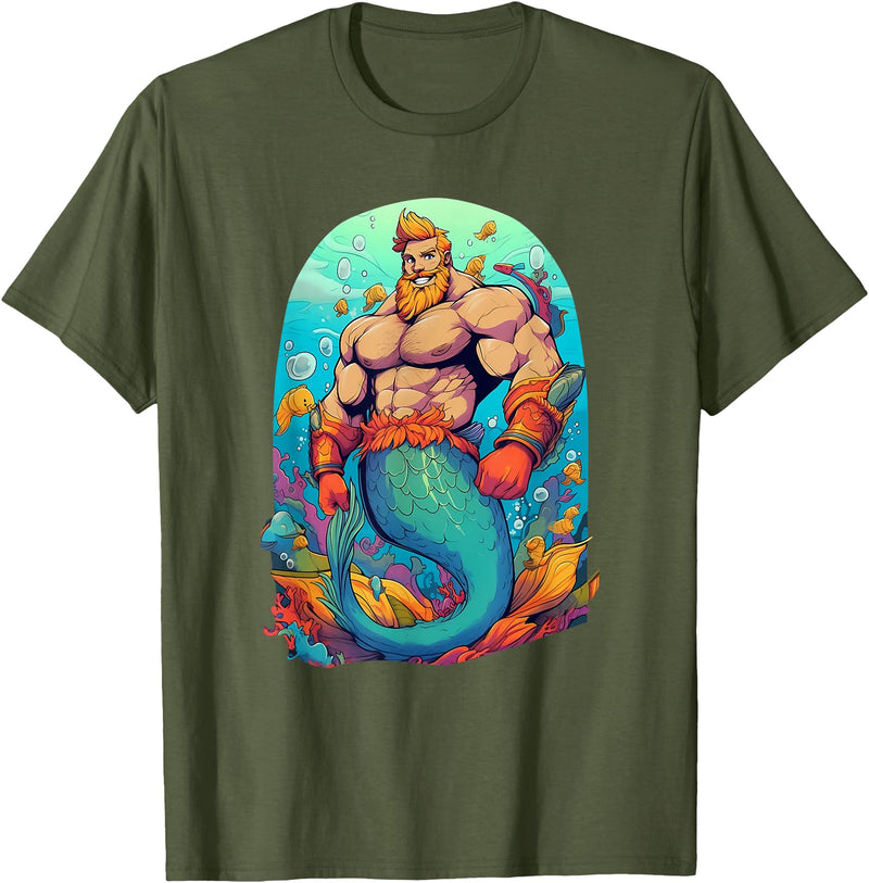 Gay Pride Merman Bear Muscle Daddy Hunk Mermaid LGBTQ Transgender Gay Muscle Dad Bear Mermaid Gay Merman T-Shirt - Olive Green