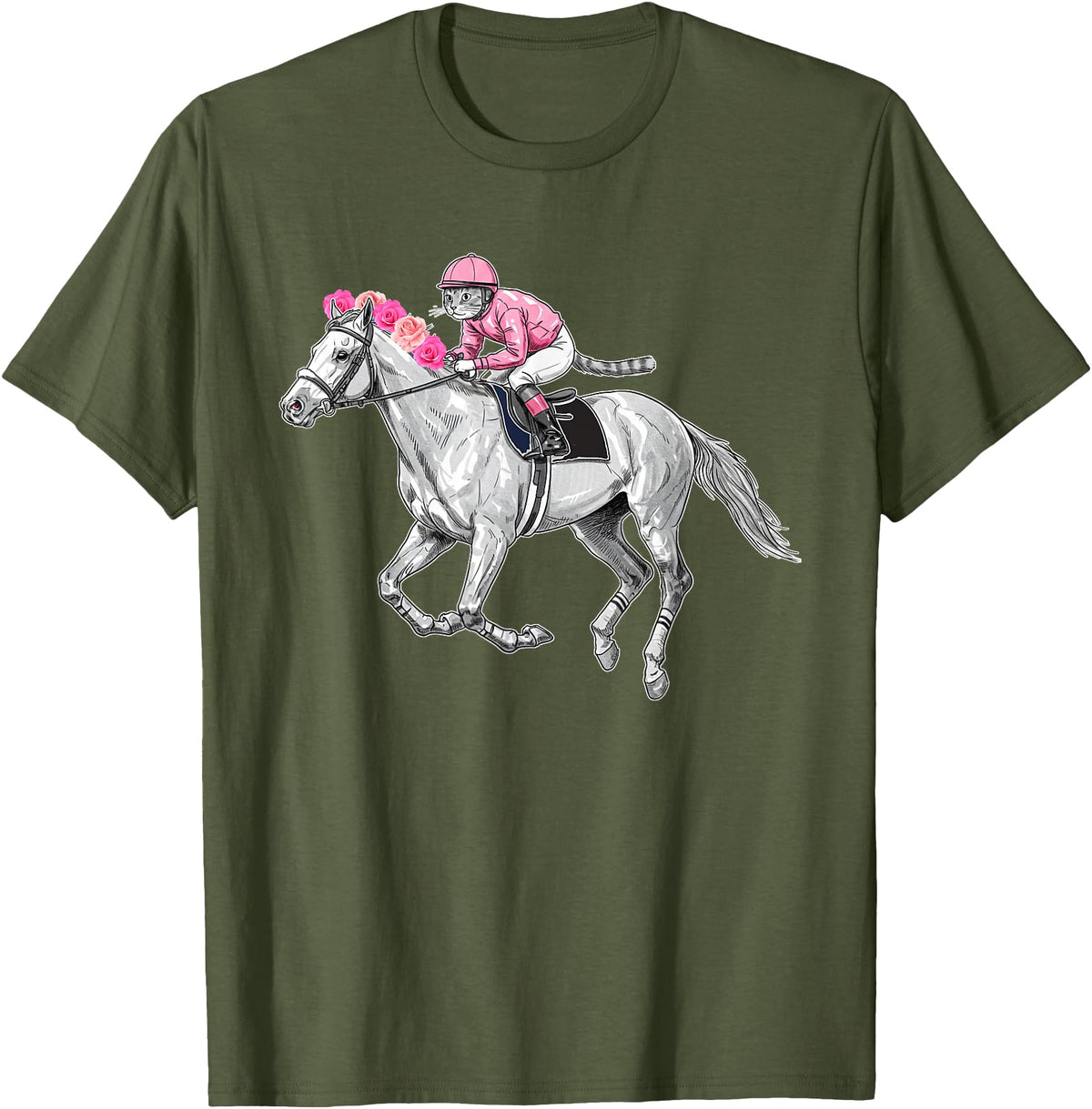 Racehorse and Cat Racer Derby Horse Racing Cat Jockey Funny Race Equestrian Humor T-Shirt - Olive Green