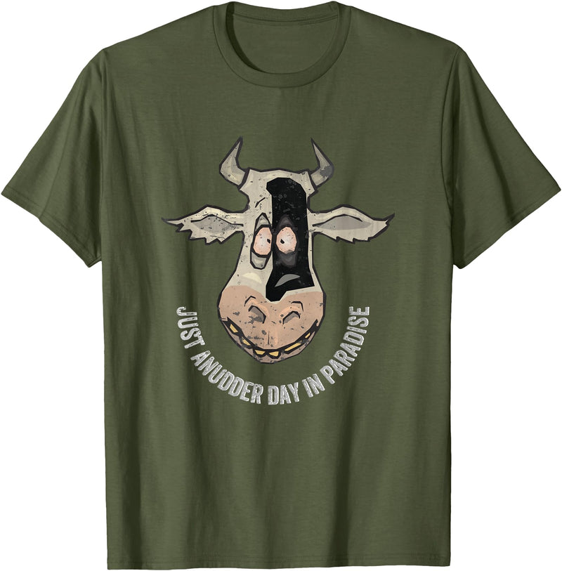 Outstanding in the Field Just Anudder Day in Paradise Funny Cow Farmer Dairy T-Shirt - Olive Green