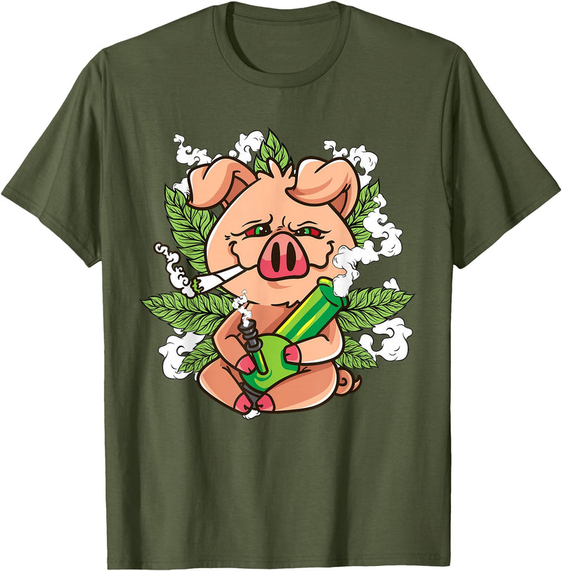 Weed Lover Gifts Funny Pot Smoker Gifts Pig Lover Pig Smoking Joint Holding Weed Bong Pig Marijuana T-Shirt - Olive Green