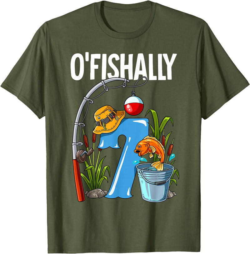 Fishing Theme Birthday Gifts O'fishally 7 Years Old 7th Birthday Fishing T-Shirt - Olive Green