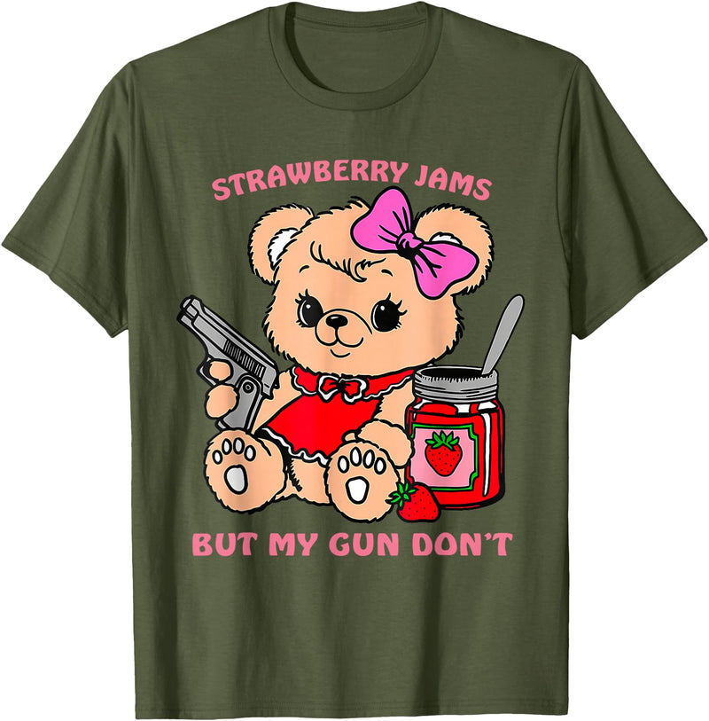 Strawberry Jams But My Gun Don't Funny Teddy Bear T-Shirt - Olive Green