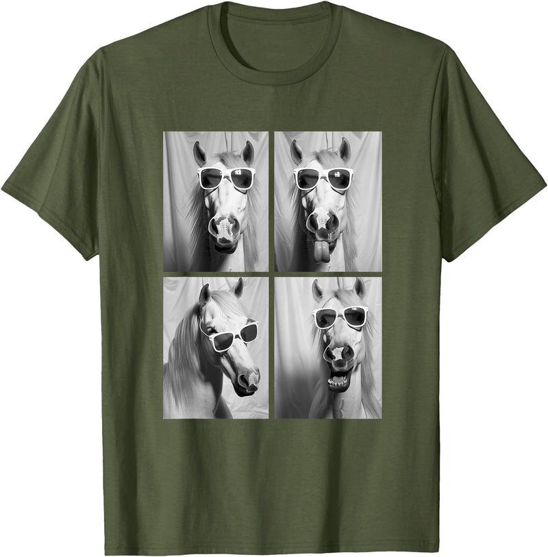 Funny Animal Photography Clothing Co. Cute Horses with Sunglasses Hipster Photo Booth Memes T-Shirt - Olive Green