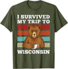 plainly Funny Beart Retro I Survived My Trip I Survived My Journey to Wisconsin Vintage Tired Bear Coffee T-Shirt - Olive Green