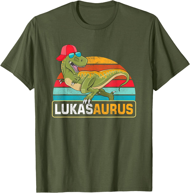 Lukas Name Gifts Boy Named Lukas Lukas Saurus Dinosaur Boy Lukas Name T-Shirt - Olive Green