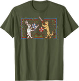 Medieval Rabbit & Dog Sword Fighting Cute Vintage Retro T-Shirt in Olive Green