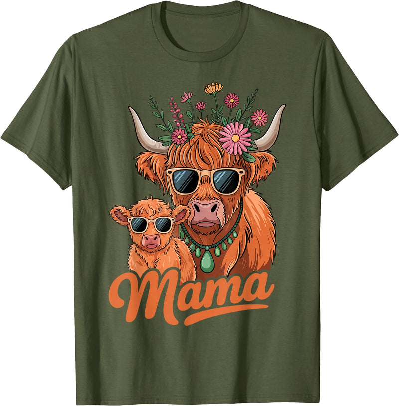 Scottish Farm Matching Mom Daughter Highland Cow Highland Cow Mama Mom Baby Calf Daughter Floral Mothers Day T-Shirt - Olive