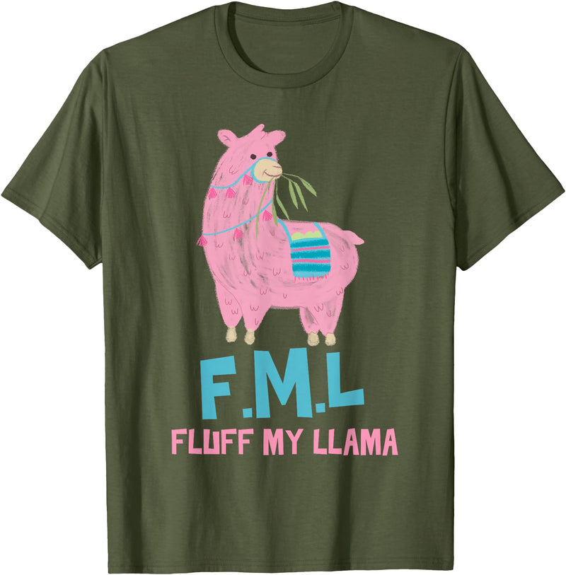 BlueTonic Animals FML Fluff My Llama Cute Animal T-Shirt - Olive Green