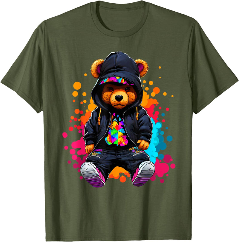 Hip Hop Teddy Bear Aesthetic Wear Co. Hip Hop Bear Colorful Teddy Bear With Hoodie Baseball Cap T-Shirt - Olive Green