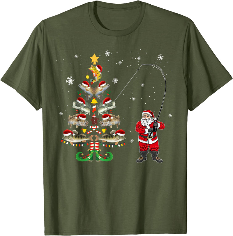 Fishermans Christmas Pajama Gift Tree Lights Merry Fishmas T-Shirt - Olive Green