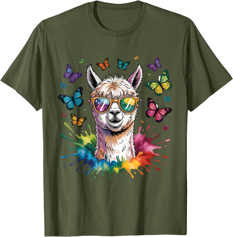 Funny Llama Lover Graphics Cute Llama with Sunglasses Animal Art Graphic Funny Alpaca T-Shirt - Olive Green