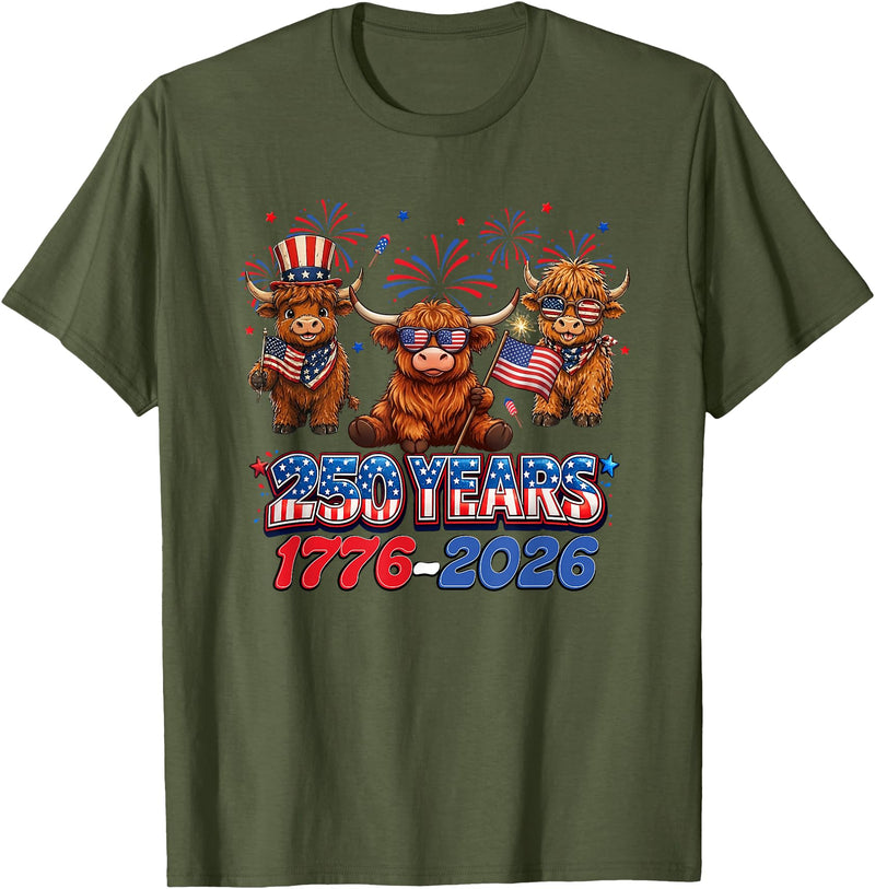Scottish Highland Cow Print 250th Anniversary Gift 250 Years America Anniversary Cow 4th July America 1776 2026 T-Shirt -