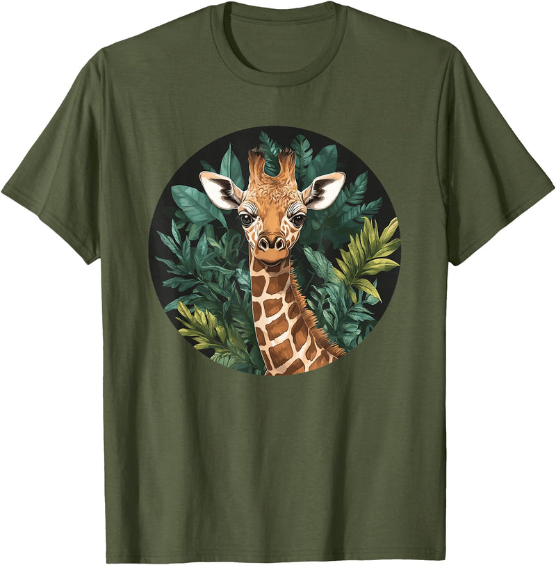 Nature Wildlife Giraffe Safari Jungle Giraffe With Tropical Jungle Leaves T-Shirt - Olive Green