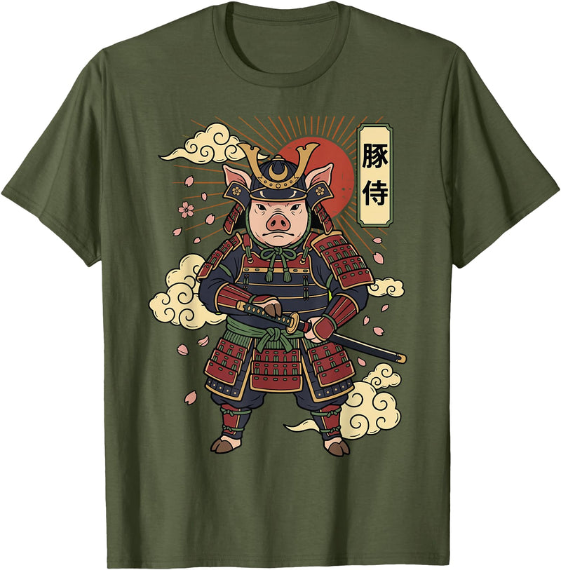 Samurai Pig Anime Japan Pig Samurai Japanese Warrior T-Shirt - Olive Green