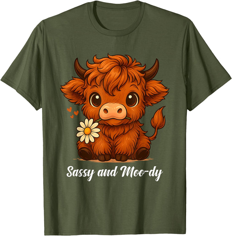 Sassy Moo-dy Cute Highland Cow Tees Sassy and Moo-dy Highland Cow Funny Farm Animal Art T-Shirt - Olive Green