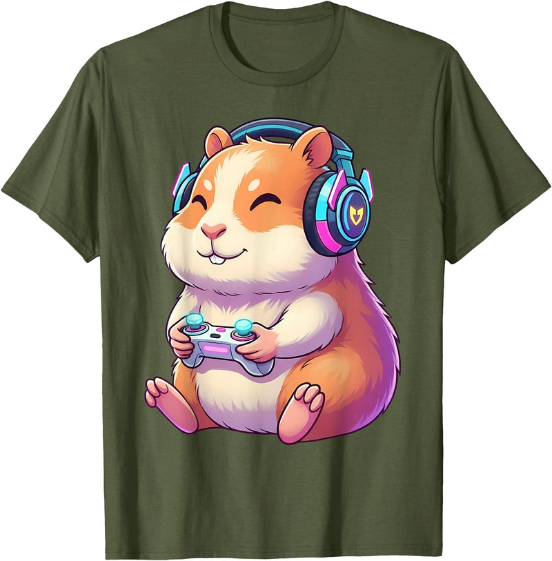 Funny Cute Hamster Gamer Adorable Video Game Animal Design T-Shirt - Olive Green