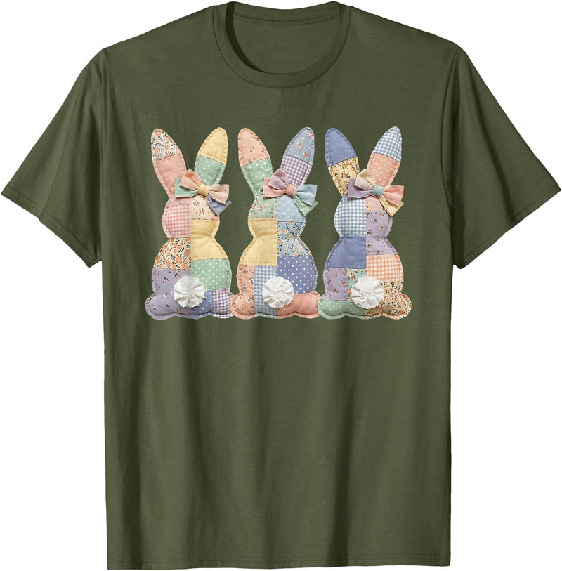 Easter Patchwork Bunny Cute Bunny Rabbit Coquette Lace Bow T-Shirt in Olive Green