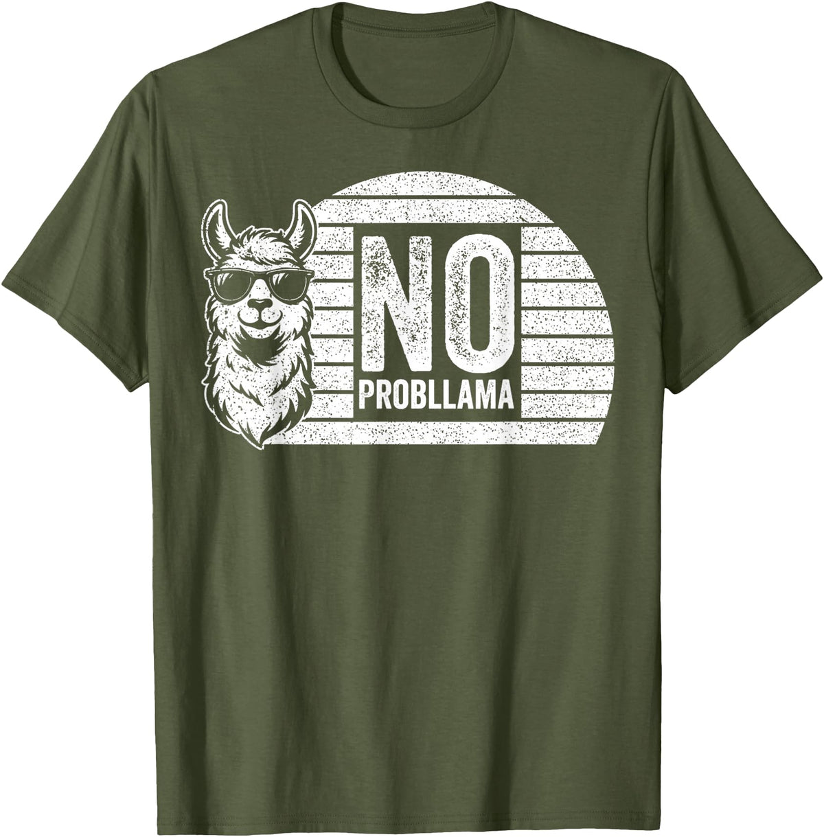 Teetro No Probllama Cool Llama Sunglasses Humor Animal T-Shirt - Olive Green