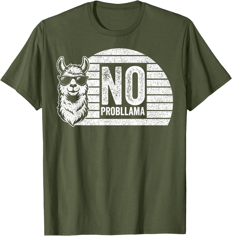 Teetro No Probllama Cool Llama Sunglasses Humor Animal T-Shirt - Olive Green