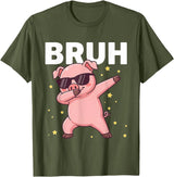 Funny Dabbing Pig Tee for Men Women Kids Bruh Dabbing Pig Sunglasses Funny Pig Dabbing Cute Animal T-Shirt - Olive Green