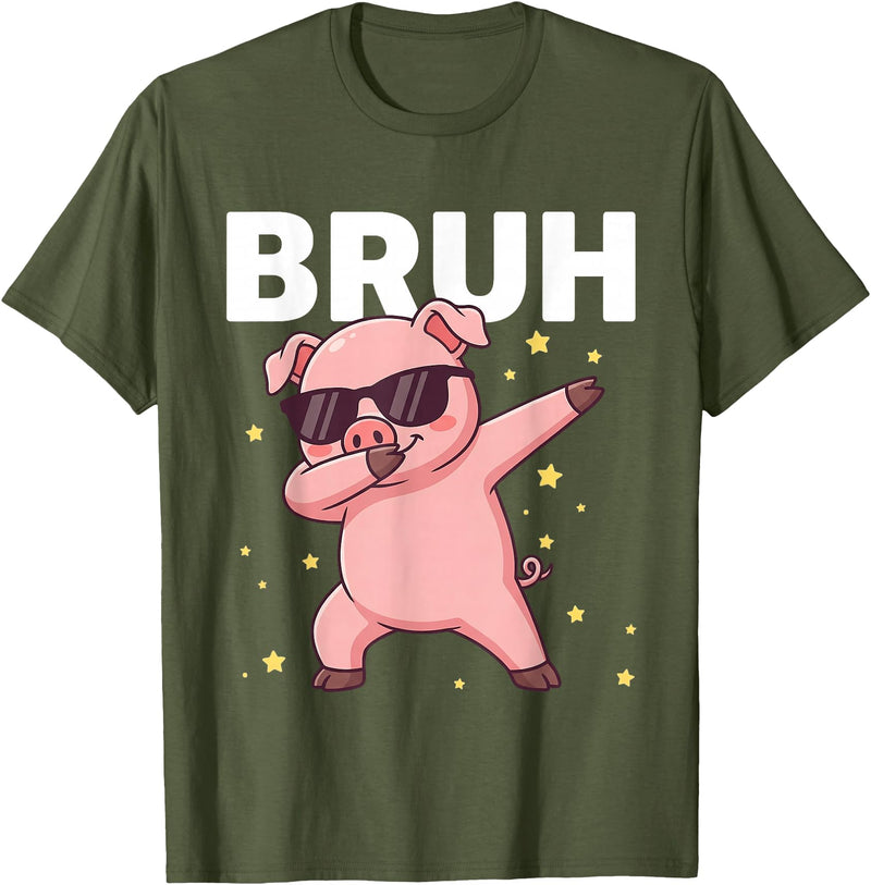 Funny Dabbing Pig Tee for Men Women Kids Bruh Dabbing Pig Sunglasses Funny Pig Dabbing Cute Animal T-Shirt - Olive Green